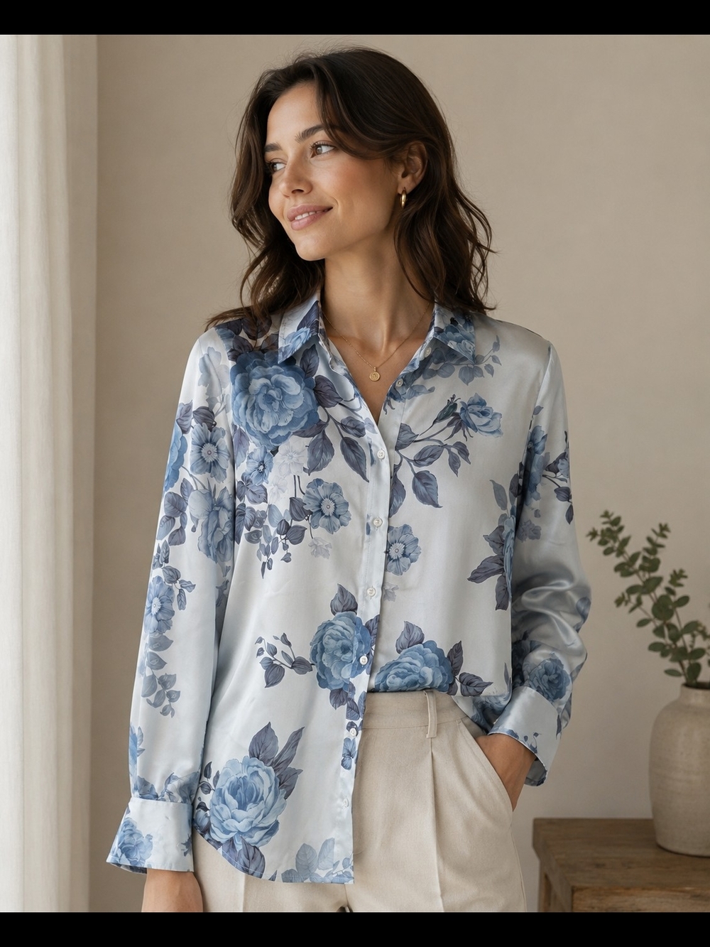 Marella Pure Silk Blue Floral Button-Up Blouse